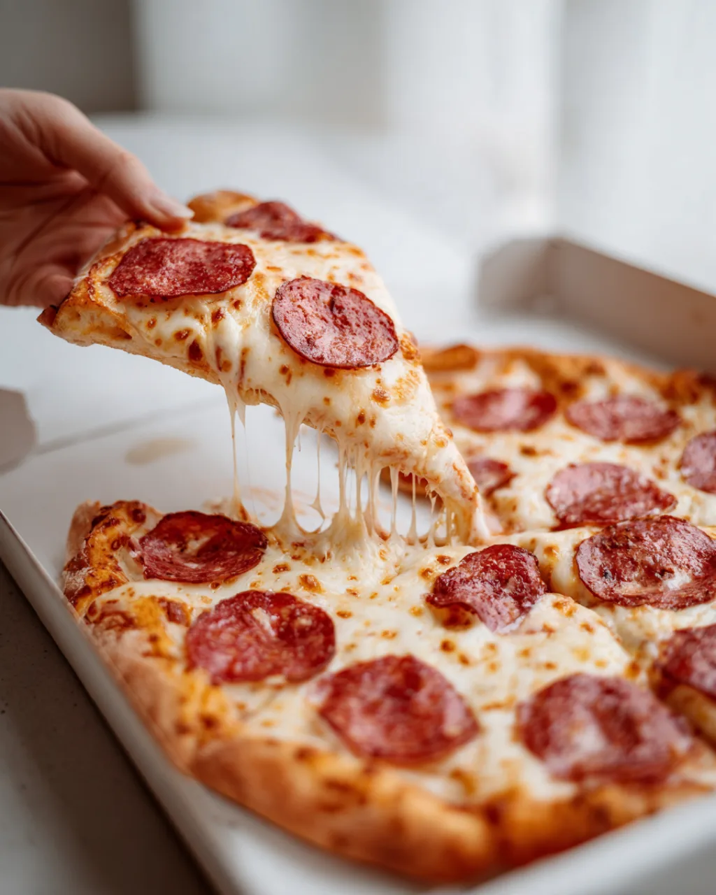 Ein Stück Salami-Pizza wird aus dem Karton gehoben, der Käse zieht Fäden.