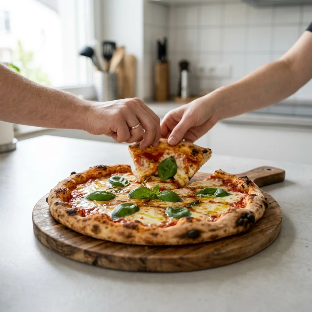 Eine frisch gebackene Margherita gemeinsam genießen