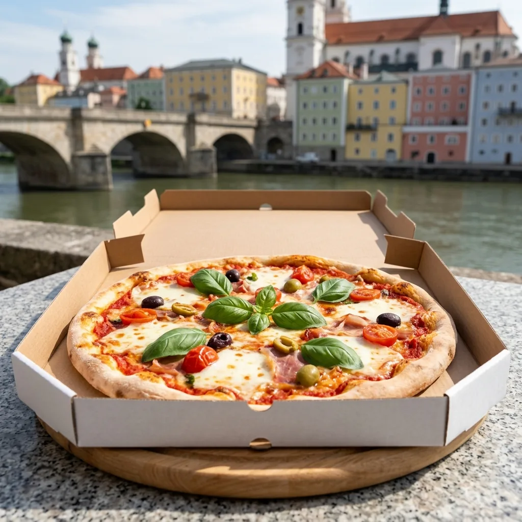 Eine Pizza im offenen Lieferkarton an der Innpromenade in Passau.