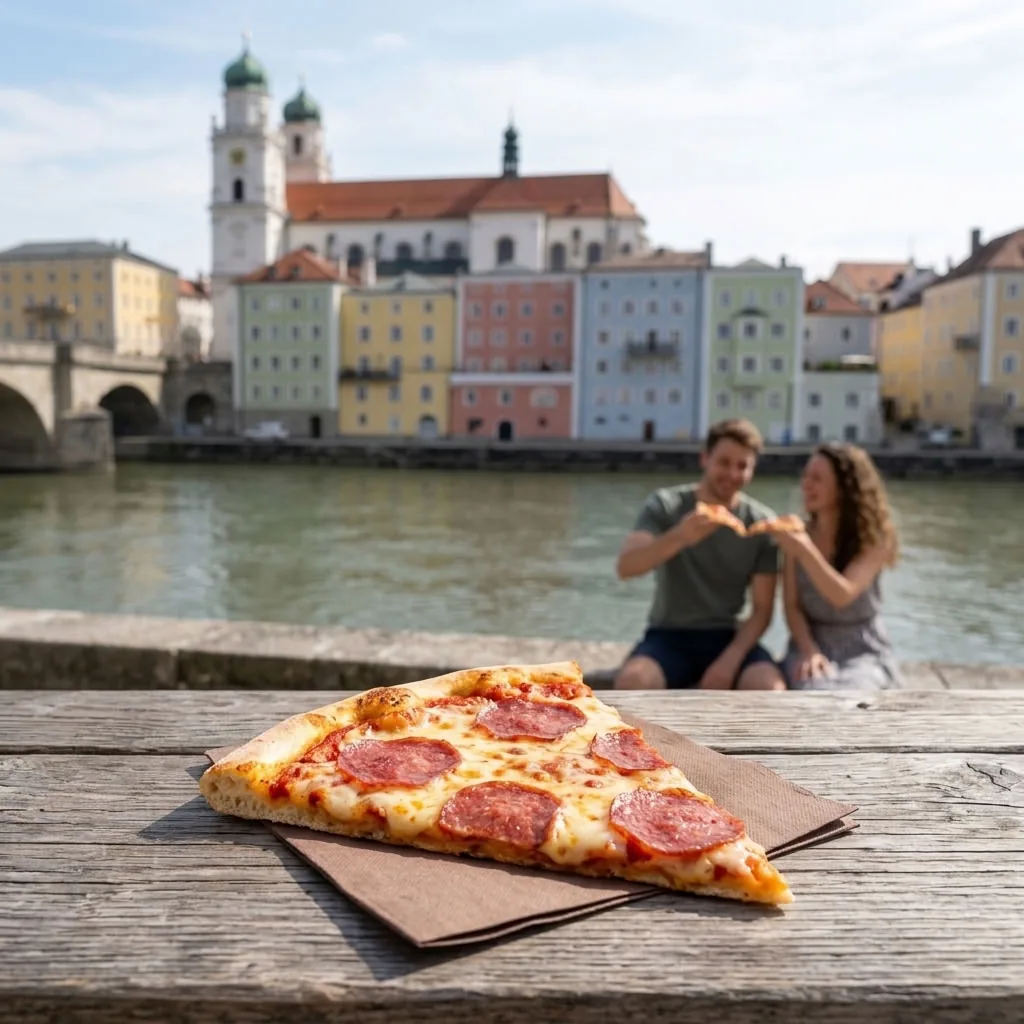 Pizza am Inn mit Blick auf die Passauer Altstadt